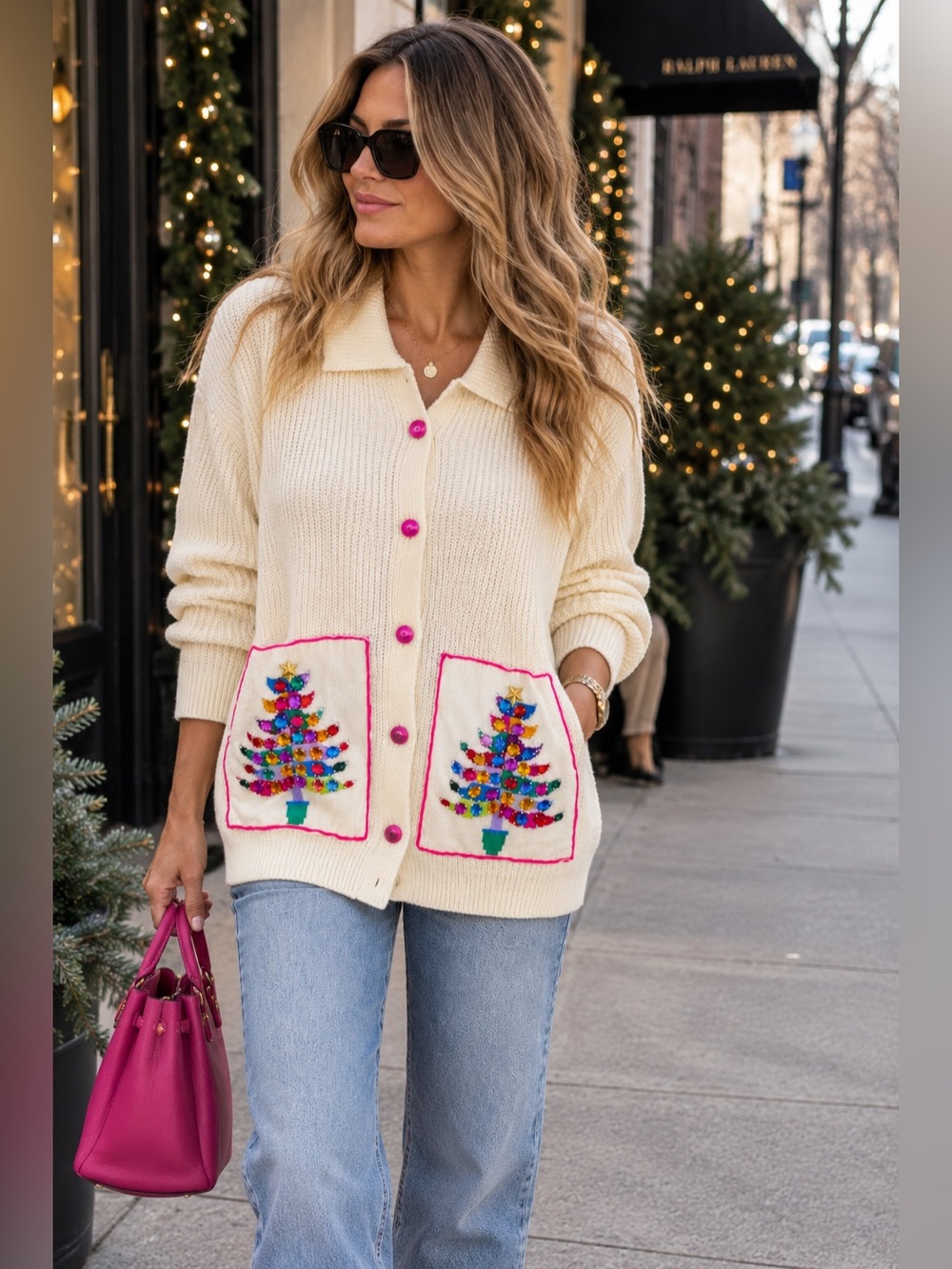 Queen of Sparkles Christmas Tree Rhinestone Pocket Cardigan Sweater Cream L